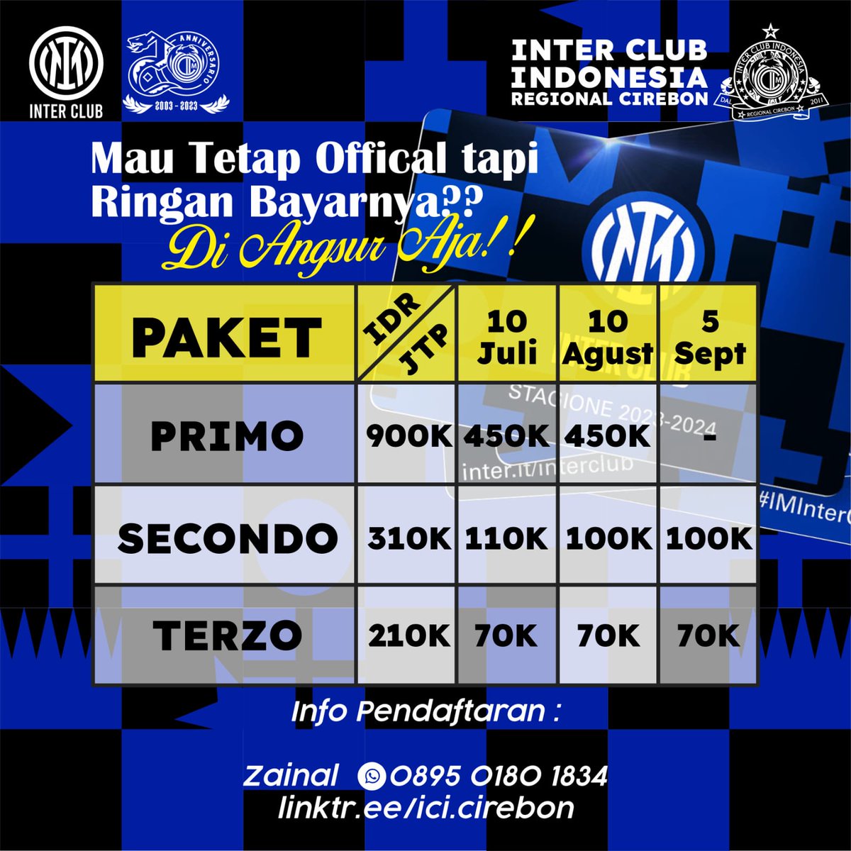 Jangan Lupa donk... ICC nya
Kok tahun ini tambah Mahal??
Calm down, Kita Ada program kok buat yang mau bisa bikin ICC tapi ga mahal Mahal banget. Yaitu dengan Cara di angsur.  #ICC #memberICI #internonaCirebon #iciregionalcirebon #forzainter #avantiICI