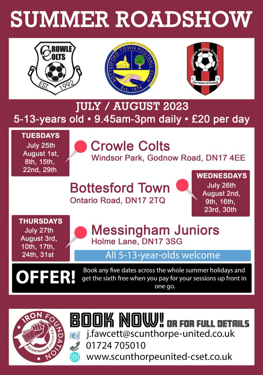 🏷️ OFFER! Pay up front for any five dates in our Summer Roadshow and get the sixth FREE, saving £20!

📧 Book by emailing j.fawcett@scunthorpe-united.co.uk or by calling 01724 705010.

#UTI #IRONFoundation
