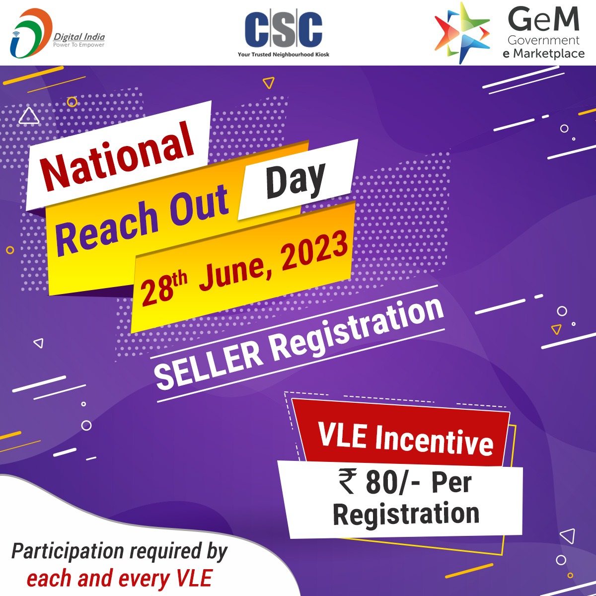 CscParivar's tweet photo. National Reach Out Day for #GeM Seller Registration - 28th June, 2023 (Today)...

Register Sellers &amp; Get the Incentive of Rs. 80/- Per Registration.

#CSC #DigitalIndia #RuralEmpowerment #NationalReachOutDay #GemServices #CSCSkills #GovernmentEMarketplace #OneNationOneMarketplace https://t.co/h1w708fPfB