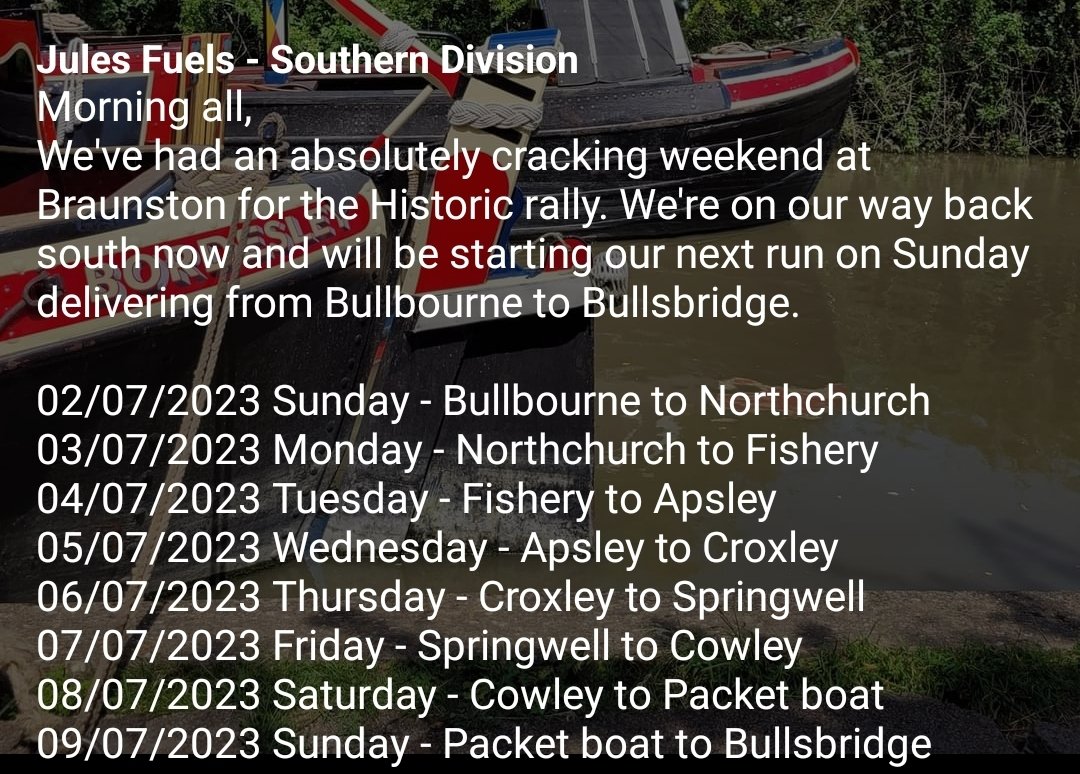 FuelsJules's tweet photo. Morning all, We'll be setting off on a run on Sunday serving from Bullbourne to Bullsbridge. Drop us a text if you need anything 07596 420220 https://t.co/E0Udpxyc7h