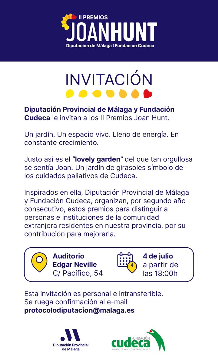 cudeca's tweet photo. Te esperamos el próximo 4 de julio para disfrutar de los II Premios #JoanHunt organizado por Diputación de Málaga  y CUDECA.

Se ruega confirmación en protocolodiputacion@malaga.es https://t.co/illYxZBQKU