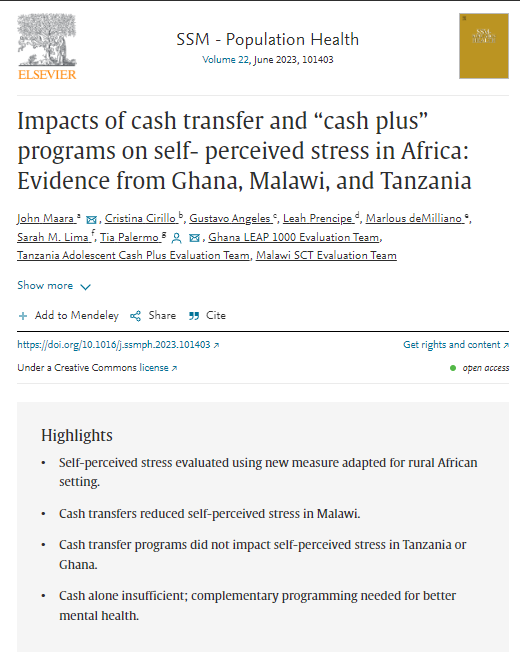 Transfer Project (@transferprojct) on Twitter photo Reassessing the 🔗 between cash transfers & self-perceived stress
Maara <a href="/Cri_Cirillo/">Cristina Cirillo</a> Angeles <a href="/LeahPrencipe/">Leah Prencipe</a> @mdemilliano @SMLimaMPH & <a href="/TiaPalermo/">Tia Palermo</a> use Transfer Project data from 🇬🇭🇹🇿🇲🇼 to investigate
Out earlier this month in @socscimed!
🧵//
sciencedirect.com/science/articl… Reassessing the 🔗 between cash transfers & self-perceived stress
Maara <a href="/Cri_Cirillo/">Cristina Cirillo</a> Angeles <a href="/LeahPrencipe/">Leah Prencipe</a> @mdemilliano @SMLimaMPH & <a href="/TiaPalermo/">Tia Palermo</a> use Transfer Project data from 🇬🇭🇹🇿🇲🇼 to investigate
Out earlier this month in @socscimed!
🧵//
sciencedirect.com/science/articl…