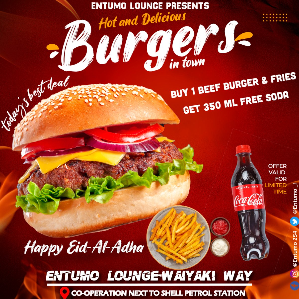 😋It is burger-licious time 💥This is the real deal 👉buy 1 one of our burgers with fries get a 350ml soda free 💥Real food made real tasty For orders, deliveries& reservations kindly call us on 0735334435 or 0711555258 Entumo Lounge ⏩Another Place........Another World⏪