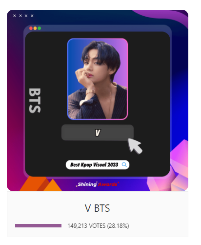 Kim Taehyung is nominated for 'Best Kpop Visual 2023' by Shining Awards, winner will receive a donation that given on their behalf !

He currently ranks #2 with over 50K gap, please VOTE NOW, you can vote for V HOURLY.
