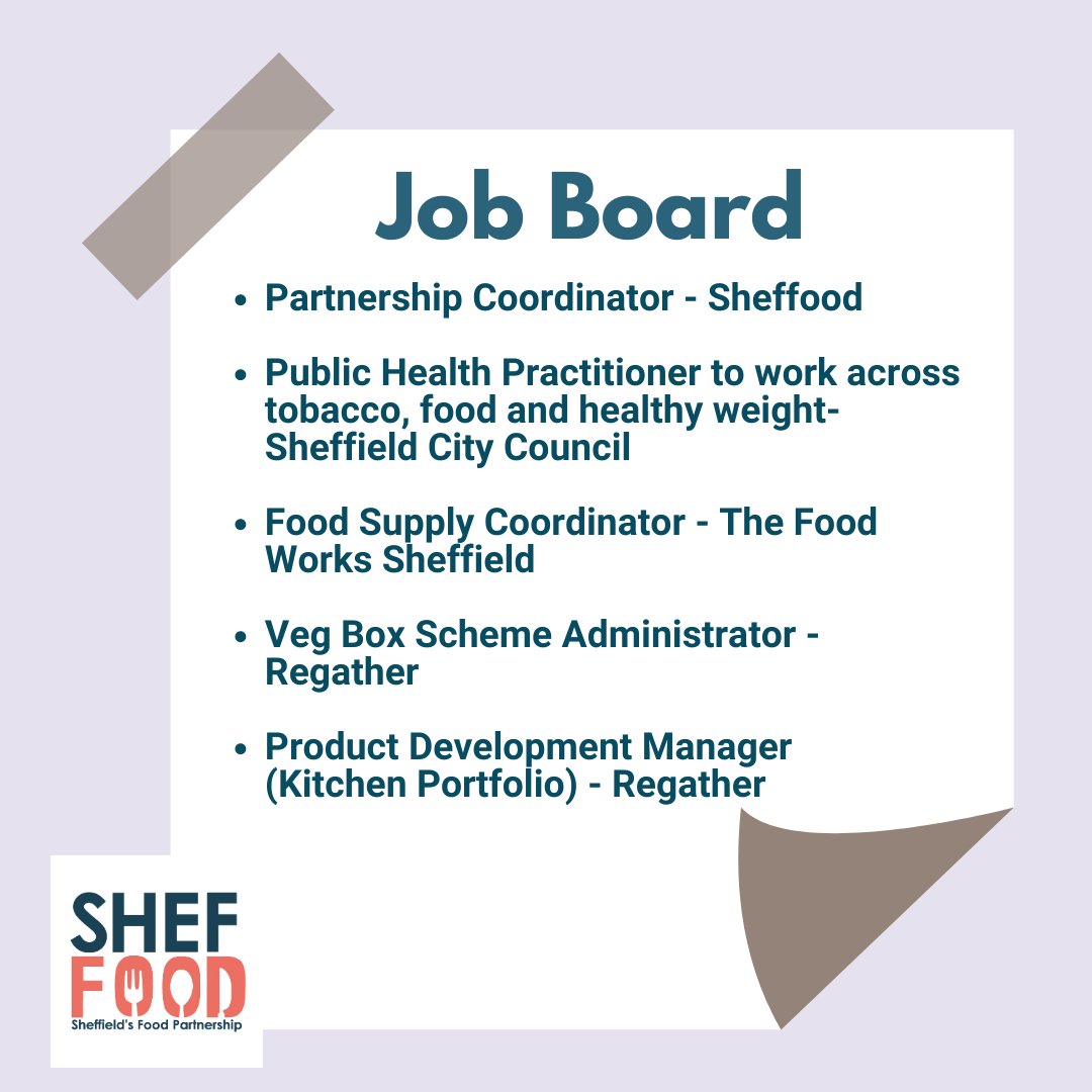 sheffoodsocial's tweet photo. Lots of jobs in the food sector; visit the organisation’s website for more info.
- Partnership Coordinator - ShefFood
- Public Health Practitioner - @SheffCouncil 
-Food Supply Coordinator - @TheFoodWorksSHF 
-Veg Box Admin &amp; Product Development Manager - both @RegatherCoop https://t.co/15o0K9uHKh