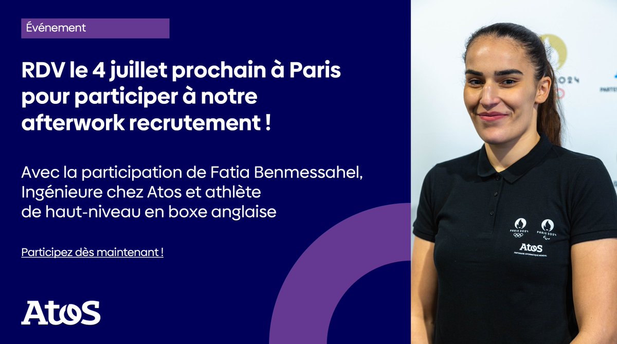 🗓️ RDV le 04/07 pour participer à notre #afterwork recrutement à #Paris 🗓️ en présence de Fatia Benmessahel, Ingénieure chez Atos et athlète de haut-niveau en boxe anglaise 🥊 Postulez à l'une de nos offres pour participer : jobs.atos.net/search/?create… #TheFutureIsOurChoice