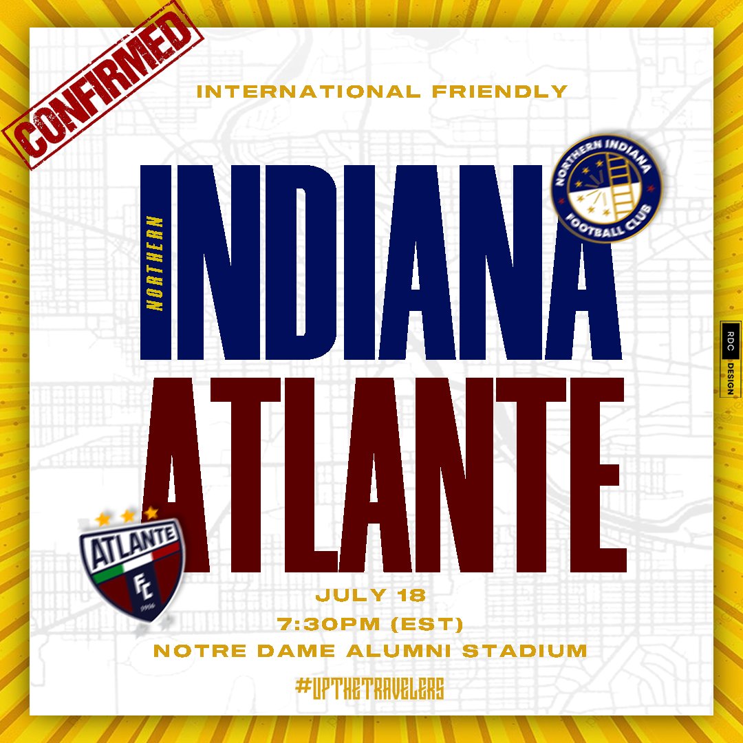 NorthIndianaFC's tweet photo. IT'S HAPPENING! 

We will be hosting @Atlante on July 18!
Location: ND Alumni Stadium
Time: 7:30 PM EST

Tickets: https://t.co/7JHzA1Wi2H

#UpTheTravelers https://t.co/ajtqGYxv7P