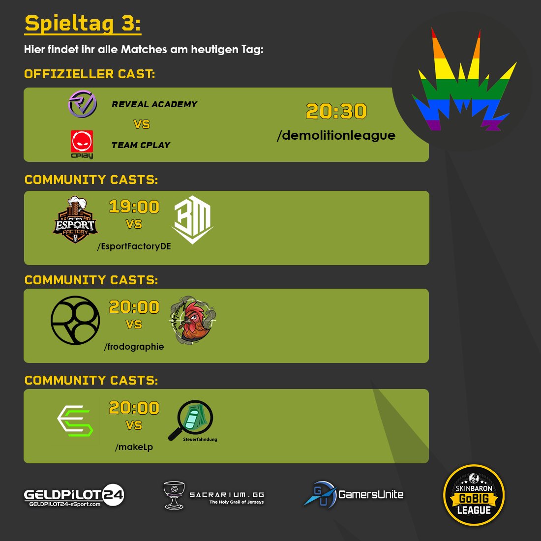 DACH CS Masters (@dachcs) on Twitter photo Ein ruhiger Mittwoch mit spannenden Matches was will man mehr?
🏆 Spielklasse 1 C
🆚 <a href="/RVMultigaming/">Reveal Multigaming</a> Academy VS <a href="/CPLAYgg/">CPLAY</a>
⏰ 20:30
🎙️ <a href="/Siintyx/">Siintyx</a>
📺 twitch.tv/demolitionleag…
🏆 Spielklasse 1 D
🆚 <a href="/EsportFactoryDE/">Esport Factory</a> VS <a href="/BallerManiaDE/">BallerMania</a> NXT
⏰ 19:00
🎙️ <a href="/FrankfurterTyp/">Alex | FrankfurterTyp</a>
📺 Ein ruhiger Mittwoch mit spannenden Matches was will man mehr?
🏆 Spielklasse 1 C
🆚 <a href="/RVMultigaming/">Reveal Multigaming</a> Academy VS <a href="/CPLAYgg/">CPLAY</a>
⏰ 20:30
🎙️ <a href="/Siintyx/">Siintyx</a>
📺 twitch.tv/demolitionleag…
🏆 Spielklasse 1 D
🆚 <a href="/EsportFactoryDE/">Esport Factory</a> VS <a href="/BallerManiaDE/">BallerMania</a> NXT
⏰ 19:00
🎙️ <a href="/FrankfurterTyp/">Alex | FrankfurterTyp</a>
📺