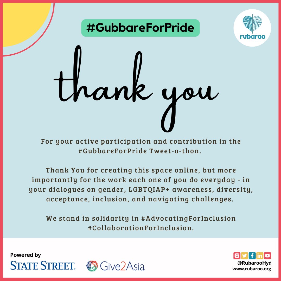 RubarooHyd's tweet photo. Thank you, @VillageSqIndia, #AgentsofIshq, @RKhidki, @otf_india, @TheYPFoundation, @PeopleForChang6, #JamshedpurQueerCircle, @RightsPratigya, @slamoutloud, @YesWeExistIndia, and @weareyuvaa, for your active participation and contribution in the #GubbareForPride Tweet-a-thon. https://t.co/pLenqCidTw