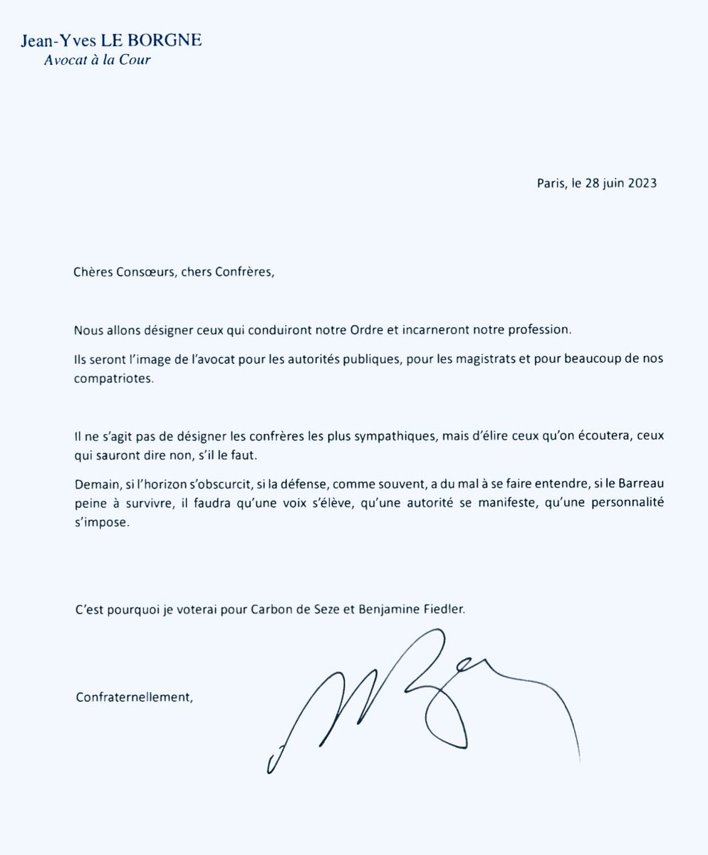 Merci à M. le bâtonnier Jean-Yves LE BORGNE pour son soutien ! 

#toutdroit #bâtonnat2024 #desezefiedler #avocatsparis