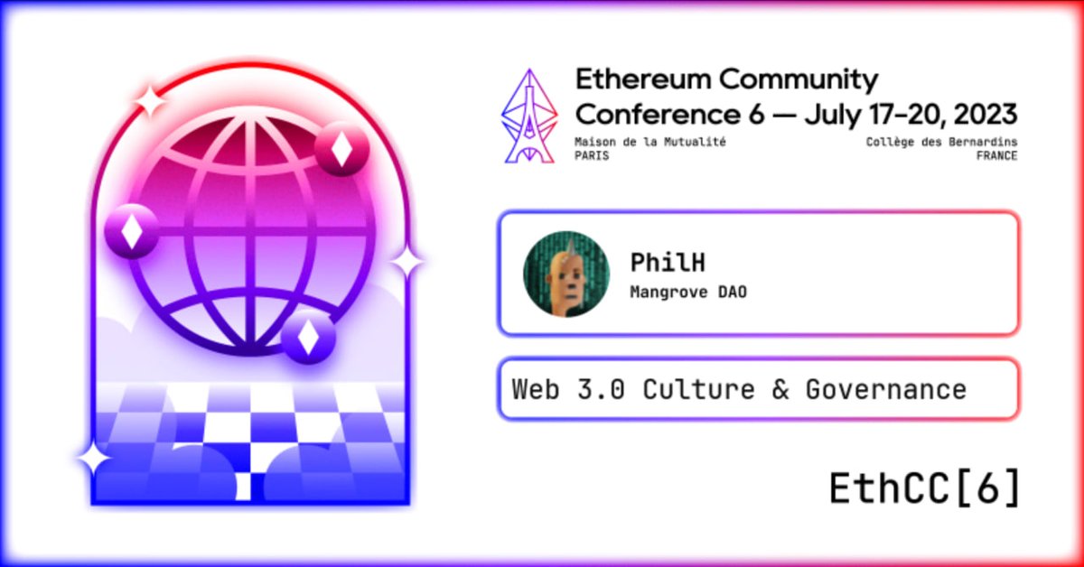 Are you as anticipating #EthCC as we are? 😁

Join us at <a href="/EthCC/">EthCC - Ethereum Community Conference</a> on July 20 for the "Web 3.0 Culture &amp; Governance" track.

Our governance lead, <a href="/phil_h/">philh 🟢🌈</a>, will present his research on improving both legitimacy and efficiency in DAOs. 🗣️
