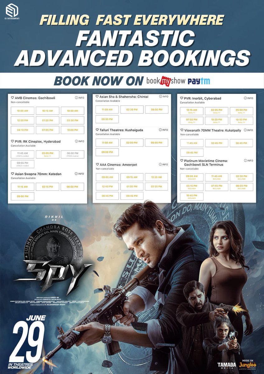 pudiharicharan's tweet photo. We're in for a BLOCKBUSTER treat! #SPY Tickets are selling like hotcakes... 💥🙌🏼

Book My Show: https://t.co/ulP6MN248l 
Paytm : https://t.co/zM1tIIjCCb

#SPYTrailer ▶️ https://t.co/lrG1CHMLqi

An Adrenaline Extravaganza Blazing Worldwide on June 29th 💥

#IndiasBestKeptSecret 🇮🇳

@actor_Nikhil @Garrybh88 @Ishmenon @tej_uppalapati @anerudhp #Edentertainments #KRajashekarreddy
