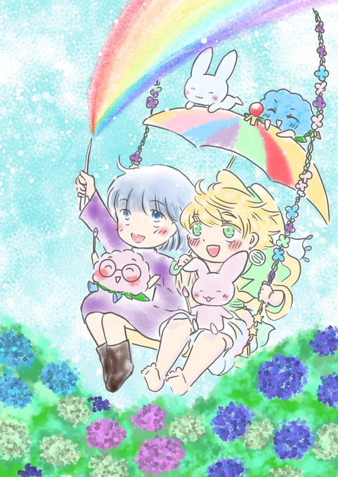 『梅雨のrainbow魔法』  今年も風花さん( )と梅雨梅雨ゆるっとコラボさせていただきました トリオズは今年も仲良く元気いっぱい! もうすぐ梅雨明けな雰囲気もありな可愛い感じなコラボ…風花さんありがとうです #風花andデミとゆかいな仲間達