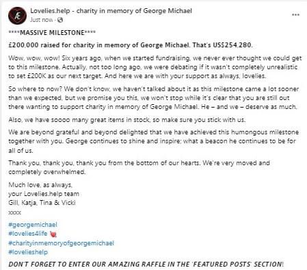 Just a couple of days after his 60th birthday, a totally amazing £200,000 or $ 254,280 has now been donated to charity in memory of @georgemichael by his incredibly supportive fans!

Thank you! 
#lovelies4life 💘
#georgemichael
#lovelieshelp
#charityinmemoryofgeorgemichael