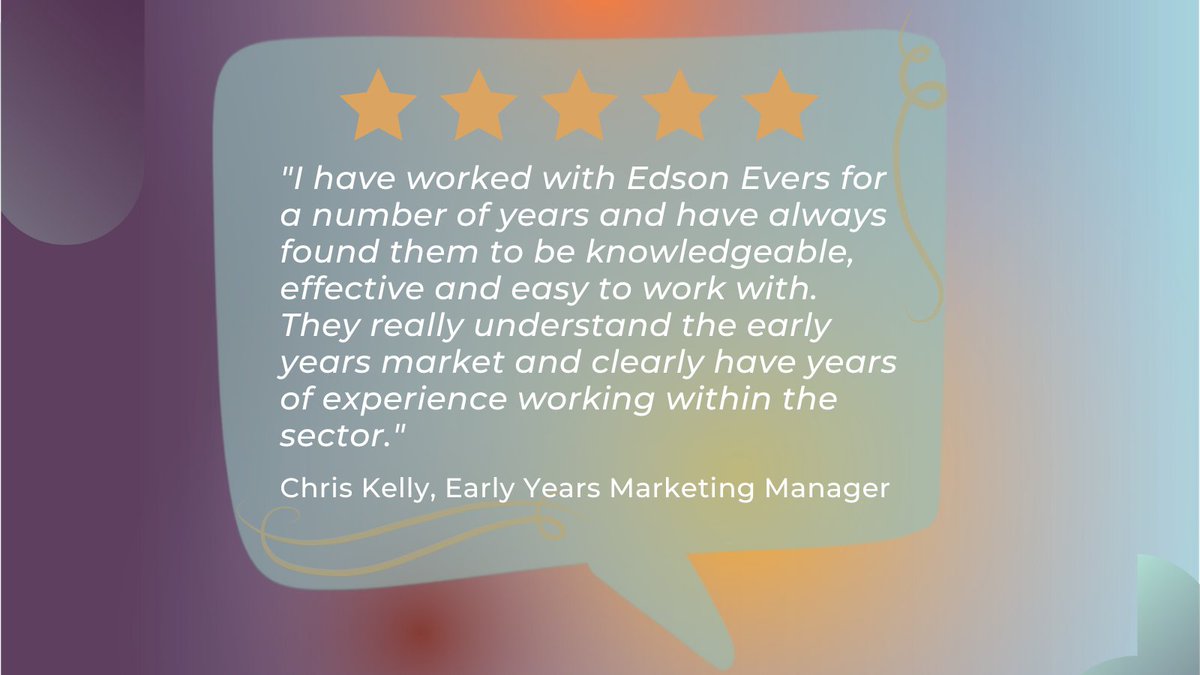 Client Review 🗣️💯 

It is always great to have a client take the time to let us know how we are getting on; Chris Kelly, Early Years Marketing Manager, told us: "They really understand the early years market and clearly have years of experience working within the sector."
