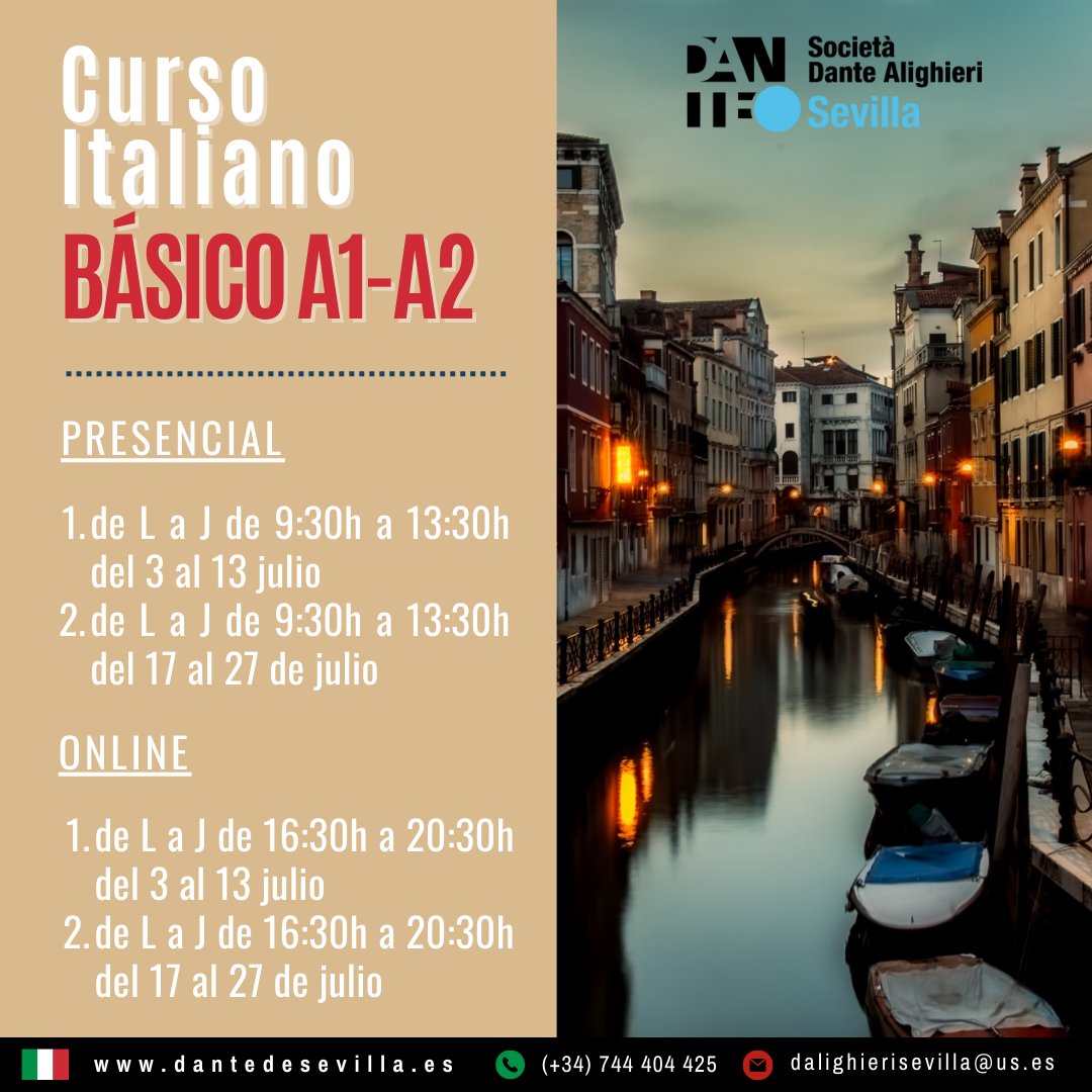 DAlighieriSev's tweet photo. 🇮🇹 La semana que viene comienzan nuestros cursos de verano de nivel BÁSICO, B1 y B2, tanto en formato PRESENCIAL como ONLINE.

▶️ Inmersión lingüística desde el primer día con nuestras clases dinámicas y los mejores profesores.

▶️Más info a través de dalighierisevilla@us.es https://t.co/xDqG0L1Urq