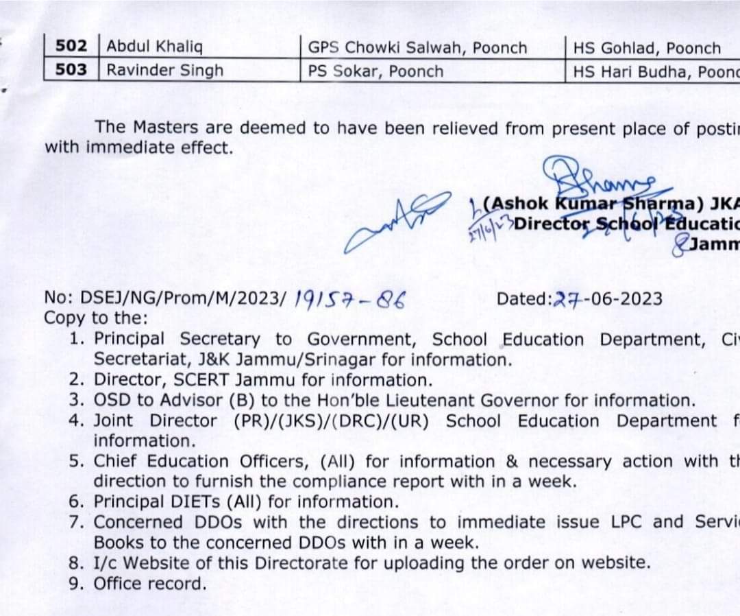 DSEJ adjusts 503 newly promoted masters against clear vacancies duly considering pupil teacher ratio, retirees, females. @AlokKum36531399 @AdvisorBJKGovt @OfficeOfLGJandK @diprjk @jkscert_jmu @JKSamagra