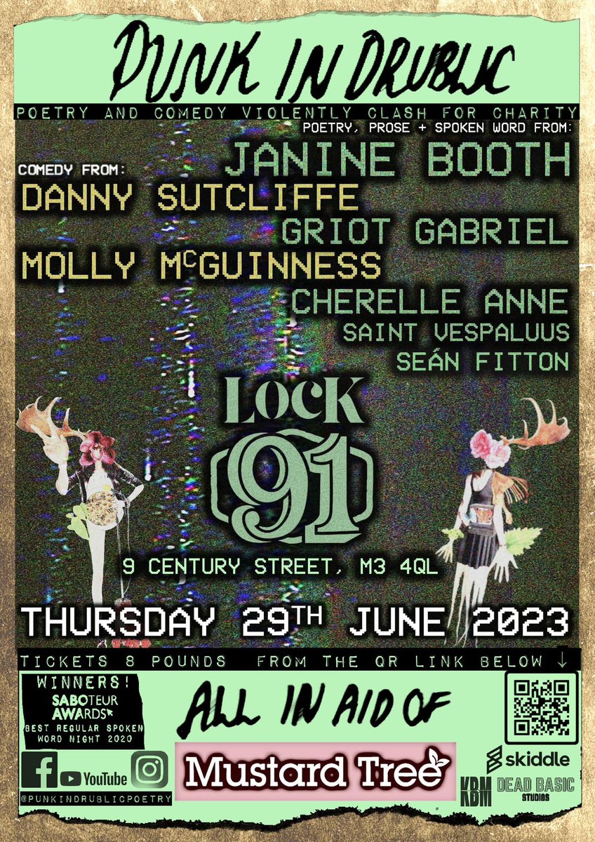 Very excited for #punkindrublic to be returning to @Lock91Mcr tomorrow with a killer line up of Comedy & Poetry ft. @JanineBooth @dannysutcliffes @mollmcguinness @GriotGabriel + more. 
All ticket proceeds to @MustardTreeMCR 
Get tickets here: skiddle.com/e/36364674