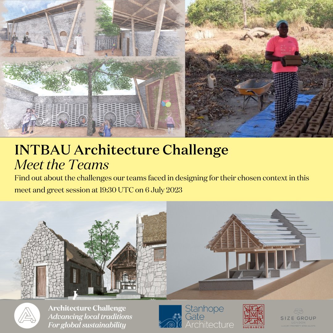 INTBAU Architecture Challenge: Meet the Teams! Join us at 19:30 UTC on 6 July as we find out more about the designers, and the winning proposals featured in the online exhibition. Sign up: zurl.co/1qrK View the exhibition: zurl.co/IruO
