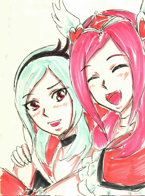 #プリキュア版深夜の真剣お絵描き60分一本勝負 時間外&過去お題参加。 6月25日お題から「イース&パッション」。 今から出かけるので時間なくて雑くなりましたが、プリキュアにハマるキッカケになった思い入れ深い2人です。
