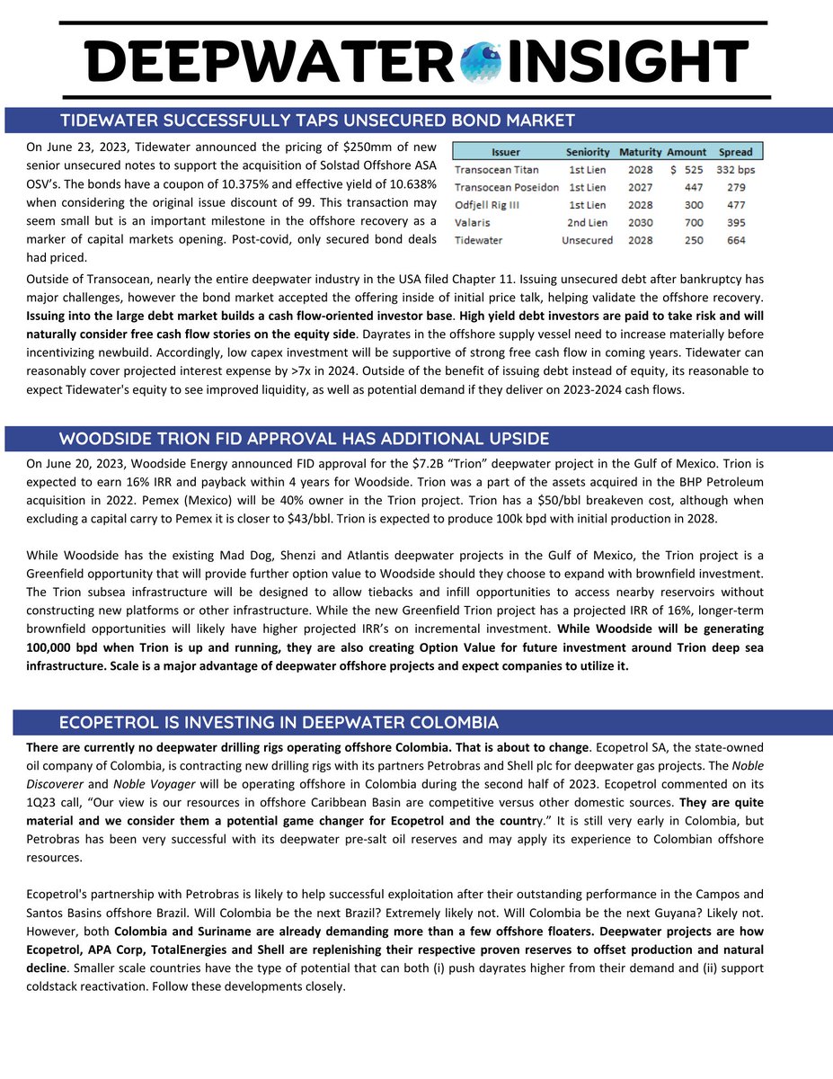 $TDW $WDS $EC $NE Deepwater Weekly Update, June 28, 2023. 
Key recent market developments with analysis:
$TDW Successful Unsecured Bond Deal
$WDS $7.2B FID Approval for Deepwater GoM
$EC Contracted Two $NE Floaters