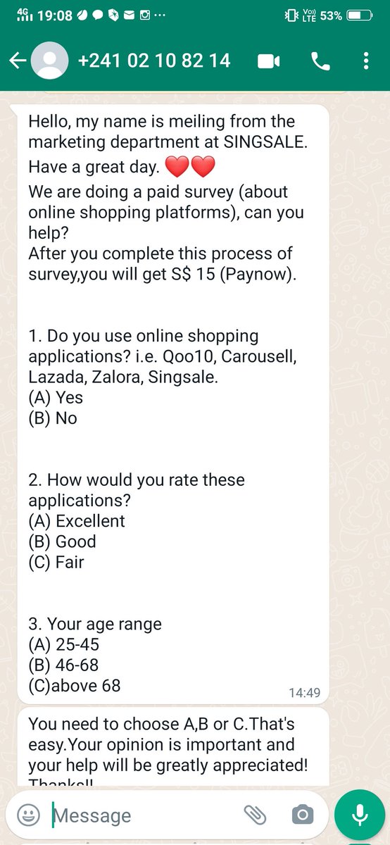 Kworldling's tweet photo. #Singapore #SingaporeScamAlert If you have received the message from a + prefix surveying you. Do NOT message and report it https://t.co/vl4JIWS9GZ