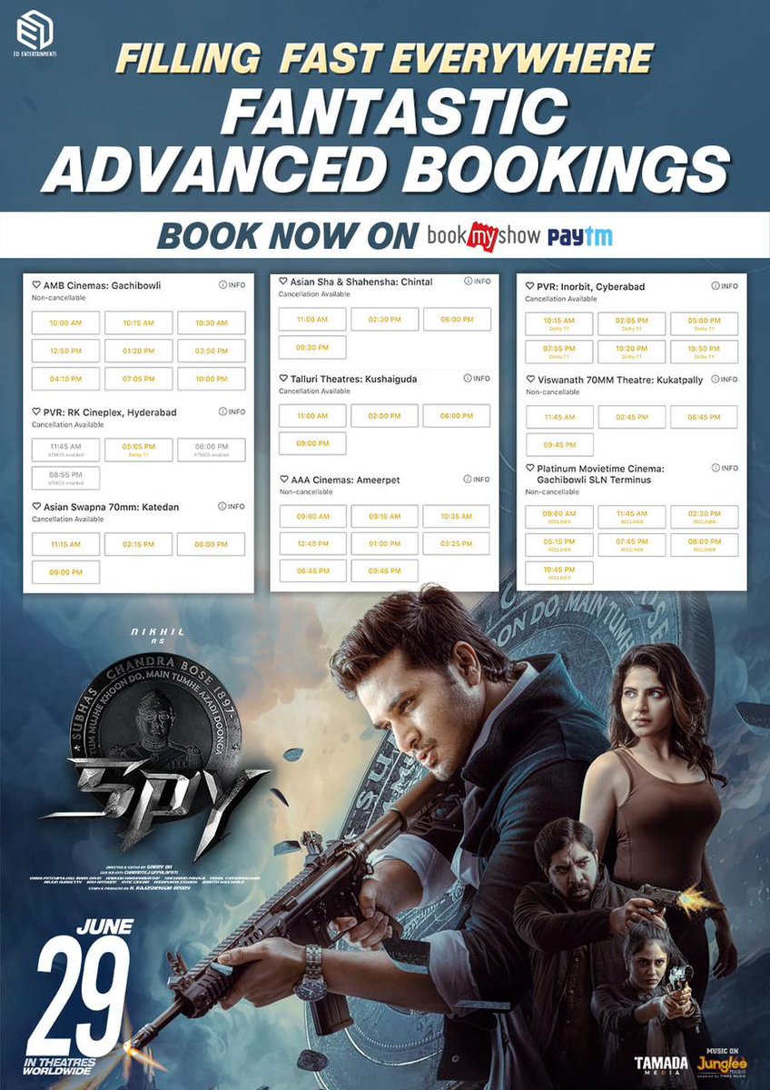 goldandhranews's tweet photo. Get ready for a BLOCKBUSTER treat! #SPY tickets are selling like hotcakes... 💥🙌🏼
#SPYMovie 
Book Now : Book My Show: https://t.co/KfKi3dMFgc  Paytm : https://t.co/LzscdjSZPi  #SPYTrailer ▶️ https://t.co/gtkTijnUy8 https://t.co/aRx2myPxky