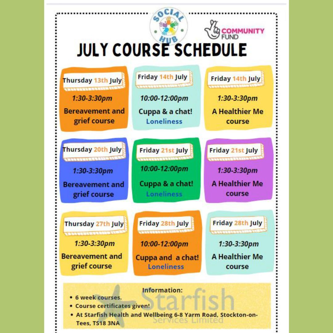 Lots going on at Starfish Health &amp; Wellbeing in Stockton, including bereavement and grief sessions, healthier me courses &amp; a chance to chat over a cuppa

If you are looking for some support, why not pop over!

Find out more ⬇️ 

#Wellbeing #mentalhealth #Stockton @StarfishYei