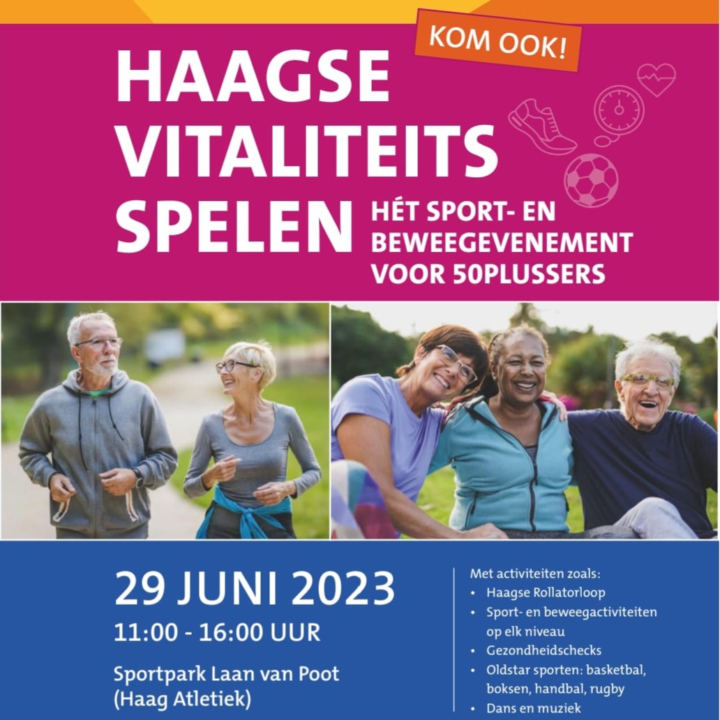 Morgen 29 juni vinden de Haagse Vitaliteitsspelen plaats. Hét sport- en beweegevenement voor 50plussers! Locatie Sportpark laan van poot <a href="/HAAGAtletiek/">HAAG Atletiek</a>