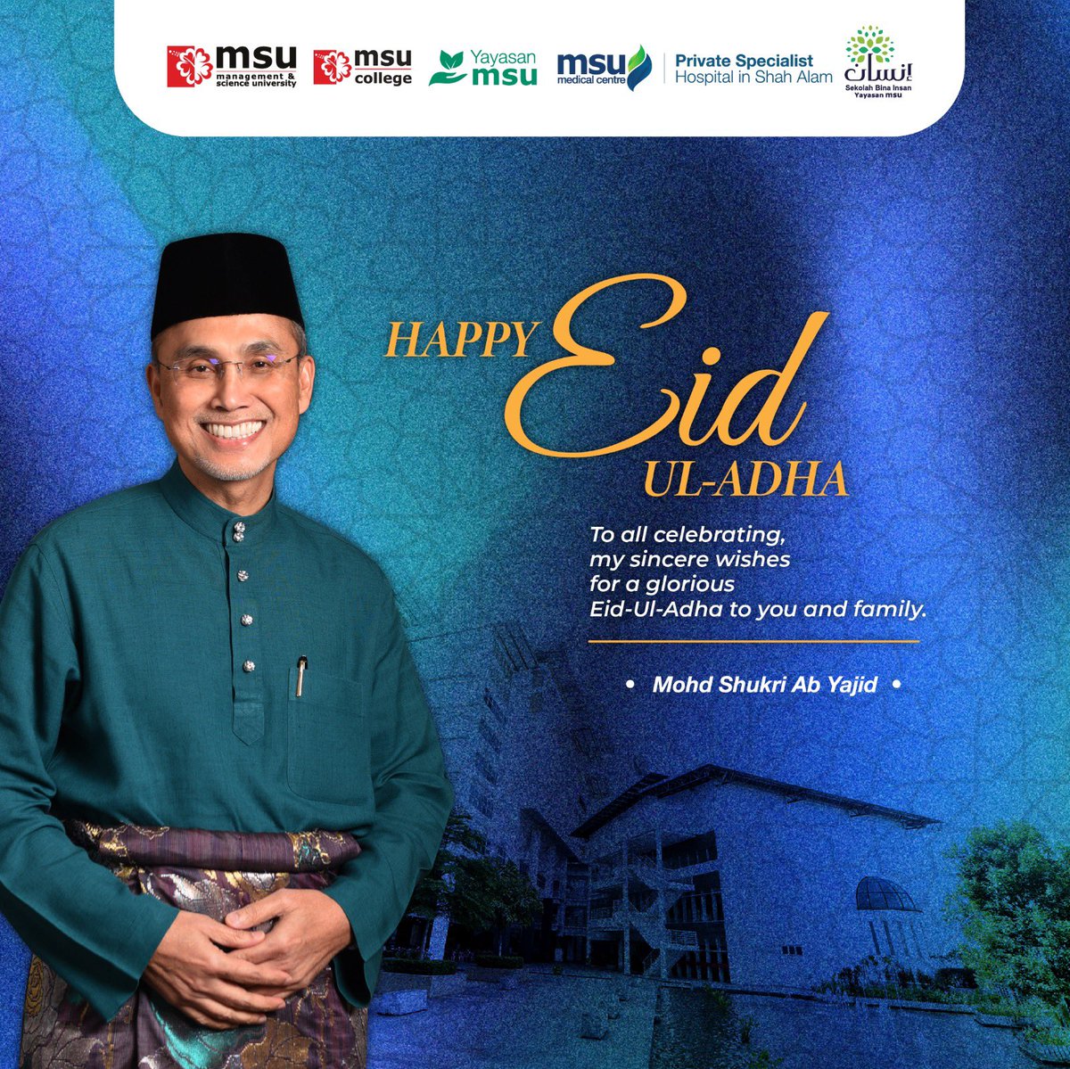 Wishing everyone a happy, blessed and peaceful #Eiduladha. May this special day be filled with immense joy and prosperity, as we reflect on our deeds and life's journey. Stay safe and take care. @MSUmalaysia @MSUcollege @msumcmalaysia @sbiyayasanmsu @YayasanMSU