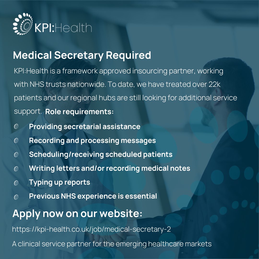 KPI Health (@kpihealth) on Twitter photo KPI:Health are now seeking discussions with Medical Secretaries (Outside IR35)
Job Location: Nationwide
Salary: £250-£300 per day paid outside of IR35 into LTD Company
💻 kpi-health.co.uk/job/medical-se…
✉️ Jack.smith@kpi-health.co.uk
#healthcare #recruitment #jobposting KPI:Health are now seeking discussions with Medical Secretaries (Outside IR35)
Job Location: Nationwide
Salary: £250-£300 per day paid outside of IR35 into LTD Company
💻 kpi-health.co.uk/job/medical-se…
✉️ Jack.smith@kpi-health.co.uk
#healthcare #recruitment #jobposting