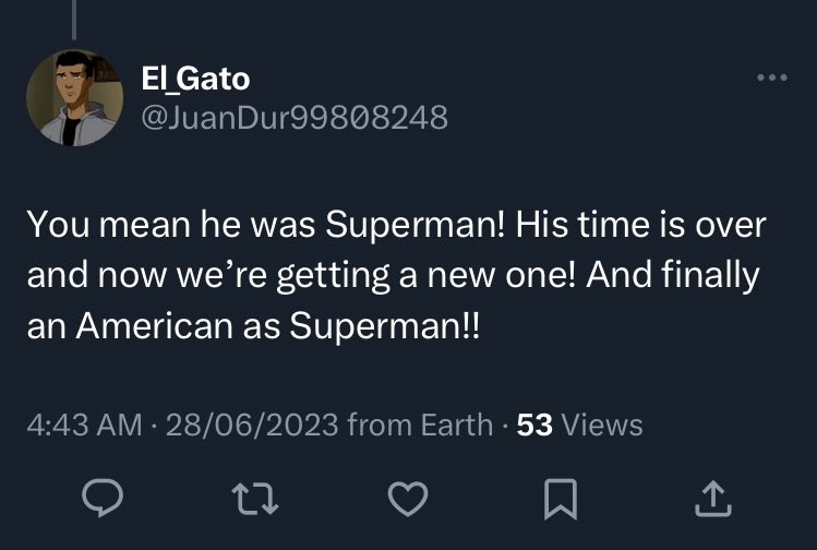 Typical @JamesGunn supporter.

Wishing an American #superman only.

Oh well….