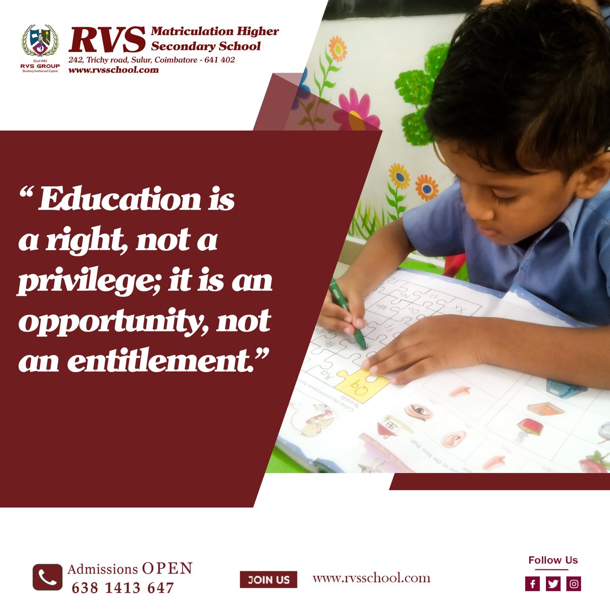 'Education is a Right, not a privilege; it is an opportunity, not an entitlement.'
#coimbatoreschool #coimbatoreschools #sulur #sulurschool
#rvsschool #rvsmatriculationhrsecschool #schoollife #classroom #schoolmemories
#happybirthday