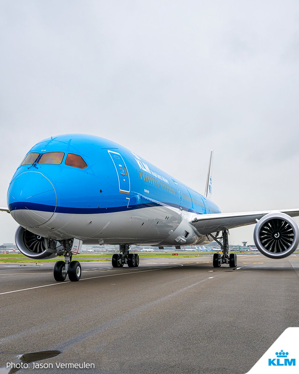 KLM's tweet photo. Daisy us rollin' 🕶️. Today we welcome our 10th Boeing 787-10 to the fleet. We named her Madeliefje, which means Daisy in Dutch. #KLM #Boeing78710 https://t.co/qN8QAlaR2b