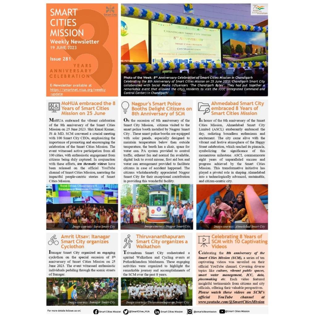 Smart Cities Mission (@smartcities_hua) on Twitter photo Smart Cities Mission Newsletter - 𝐈𝐬𝐬𝐮𝐞 𝟐𝟖𝟏
<a href="/PMOIndia/">PMO India</a> <a href="/HardeepSPuri/">Hardeep Singh Puri</a> <a href="/mp_kaushal/">Kaushal Kishore</a> <a href="/MoHUA_India/">Ministry of Housing and Urban Affairs</a> <a href="/Secretary_MoHUA/">Srinivas Katikithala</a> <a href="/JSecretary_SCM/">Kunal Kumar</a>
<a href="/nagpur_nsscdcl/">Smart City Nagpur</a> <a href="/SmartCityAhd/">Smart City Ahmedabad</a> <a href="/smartcity_ita/">Itanagar Smart City</a>
<a href="/smarttrivandrum/">Smart City Thiruvananthapuram Ltd</a> Smart Cities Mission Newsletter - 𝐈𝐬𝐬𝐮𝐞 𝟐𝟖𝟏
<a href="/PMOIndia/">PMO India</a> <a href="/HardeepSPuri/">Hardeep Singh Puri</a> <a href="/mp_kaushal/">Kaushal Kishore</a> <a href="/MoHUA_India/">Ministry of Housing and Urban Affairs</a> <a href="/Secretary_MoHUA/">Srinivas Katikithala</a> <a href="/JSecretary_SCM/">Kunal Kumar</a>
<a href="/nagpur_nsscdcl/">Smart City Nagpur</a> <a href="/SmartCityAhd/">Smart City Ahmedabad</a> <a href="/smartcity_ita/">Itanagar Smart City</a>
<a href="/smarttrivandrum/">Smart City Thiruvananthapuram Ltd</a>