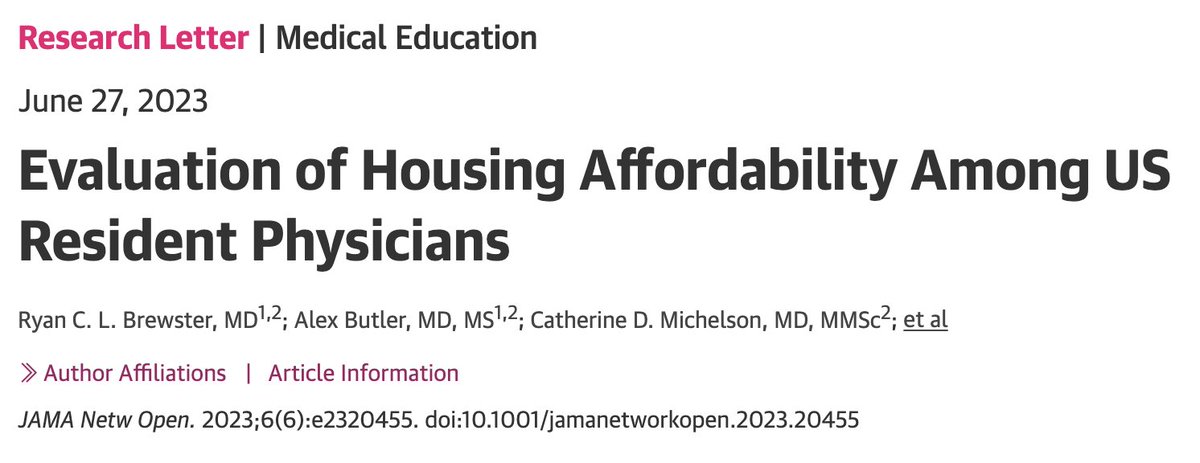 Ryan Brewster, MD (@ryanbrewstermd) on Twitter photo 1/ 🚨 Housing is unaffordable for most resident physicians with limited institutional supports, our newest work in <a href="/JAMANetworkOpen/">JAMA Network Open</a> finds
jamanetwork.com/journals/jaman…
@TheBCRP <a href="/AlexButlerMD/">Alex Butler</a> <a href="/KateMichelson2/">Kate Michelson</a> <a href="/DrKesselheim/">Jennifer Kesselheim</a> 1/ 🚨 Housing is unaffordable for most resident physicians with limited institutional supports, our newest work in <a href="/JAMANetworkOpen/">JAMA Network Open</a> finds
jamanetwork.com/journals/jaman…
@TheBCRP <a href="/AlexButlerMD/">Alex Butler</a> <a href="/KateMichelson2/">Kate Michelson</a> <a href="/DrKesselheim/">Jennifer Kesselheim</a>
