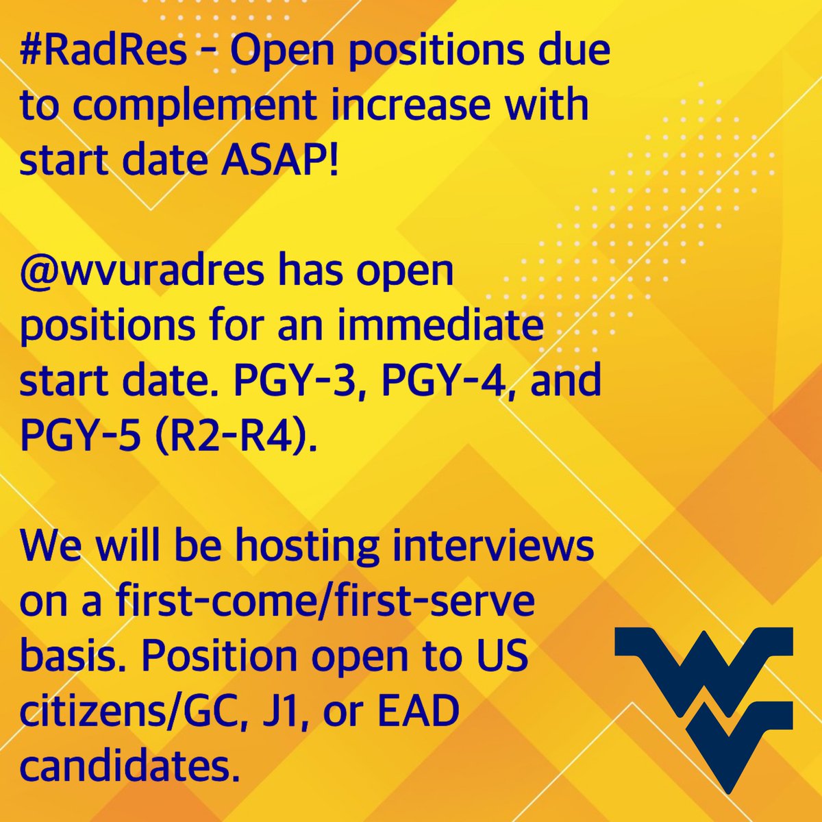 WVU Radiology Residency Program (@wvuradres) on Twitter photo #radres - Open positions due to complement increase with start date ASAP!
If interested, reach out to our program coordinator at kjswaney@hsc.wvu.edu #radres - Open positions due to complement increase with start date ASAP!
If interested, reach out to our program coordinator at kjswaney@hsc.wvu.edu