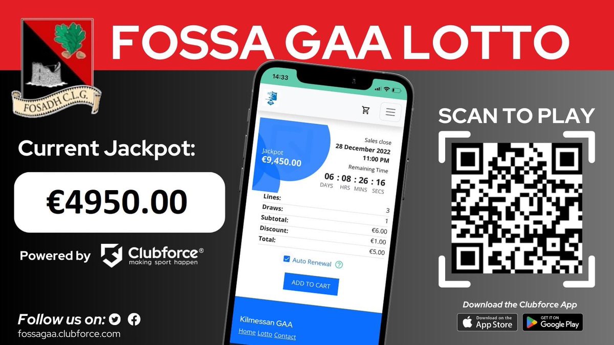 FossaGaa's tweet photo. You can now play the Fossa Gaa club lotto on-line: https://t.co/mjFQ5REpbK
or scan to play from the photo
The Lotto is hugely important to Fossa Gaa in covering the day-to-day financing of the club. #fossagaa #Lotto #GAABelong #gaalottery https://t.co/xR9keIDTmk