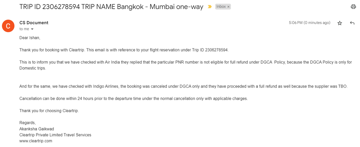seems like <a href="/DGCAIndia/">DGCA</a> policy works differently as per the airline's convenience. At least that's the response I got from <a href="/Cleartrip/">Cleartrip</a>. Somebody must look into this wherein for the onward journey Indigo provided the full refund and for return journey AirIndia denies the same