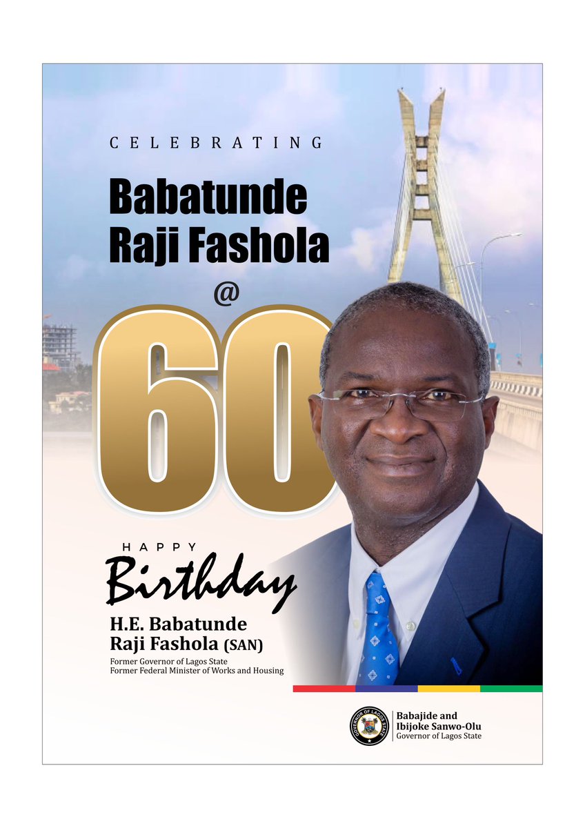 jidesanwoolu's tweet photo. On behalf of my dear wife, Ibijoke, the government, good people of Lagos State as well as leaders and members of the All Progressives Congress (APC), I heartily congratulate one of my predecessors in office, Mr. Babatunde Raji Fashola (SAN) on the occasion of his Diamond Jubilee birthday.

Our dear BRF, you are a true icon, brother, friend and a worthy ambassador of Lagos State. Your contributions to Lagos and Nigeria at large are immeasurable. 

As you begin a new year of life, may it be filled with boundless growth, happiness, and fulfillment. I wish you the very best that life can offer you and your family.

Cheers to many more years of making positive impact.