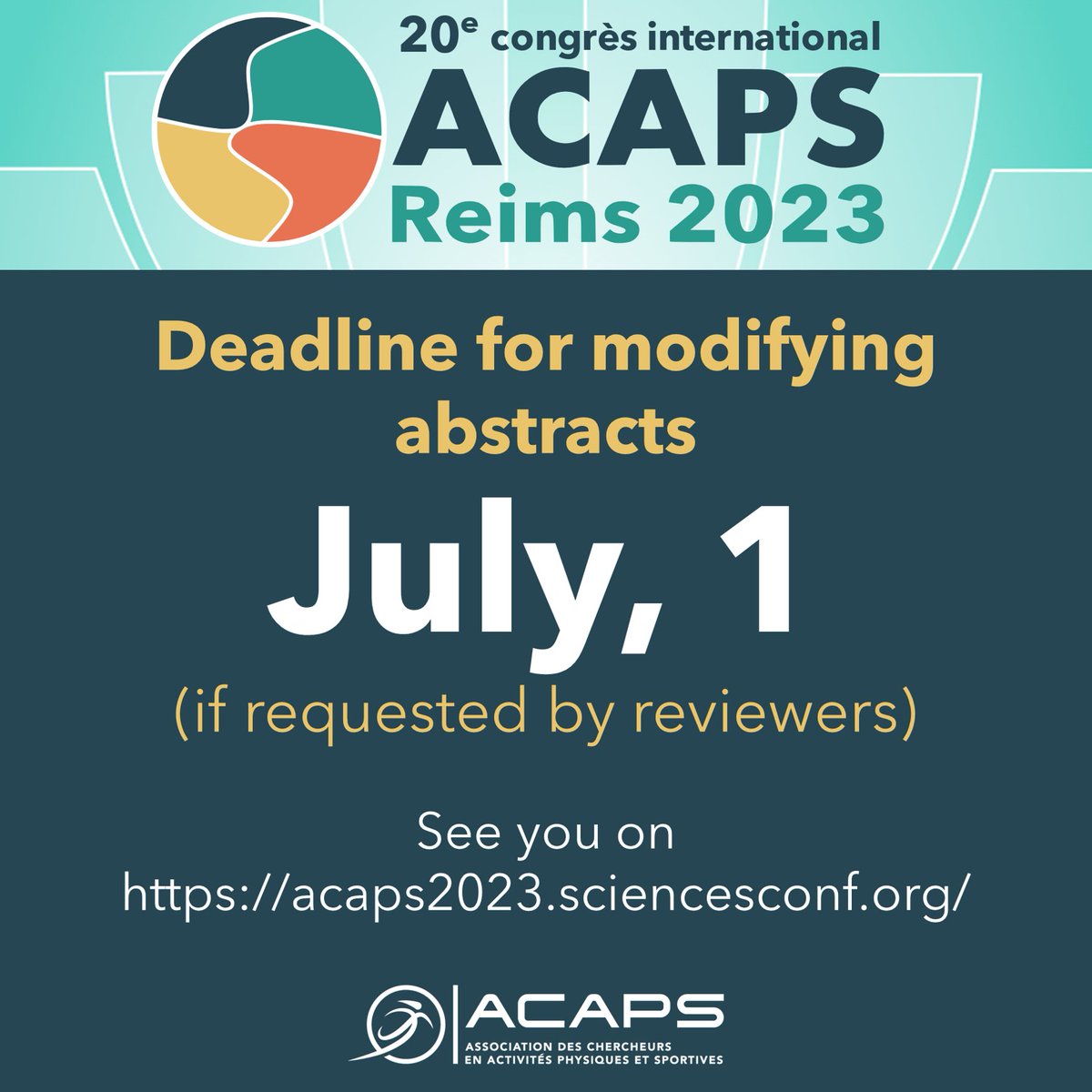 ACAPS Reims 2023 (@acaps2023) on Twitter photo MODIFICATION DES RÉSUMÉS
Si vous avez soumis un résumé au congrès de l'ACAPS 2023, et que des modifications sont demandées par les relecteurs, vous avez jusqu'au 1er Juillet pour apporter ces modifications sur :
acaps2023.sciencesconf.org
<a href="/universitereims/">Université de Reims Champagne-Ardenne</a>
<a href="/ACAPS_asso/">ACAPS</a>
<a href="/acaps2023/">ACAPS Reims 2023</a> MODIFICATION DES RÉSUMÉS
Si vous avez soumis un résumé au congrès de l'ACAPS 2023, et que des modifications sont demandées par les relecteurs, vous avez jusqu'au 1er Juillet pour apporter ces modifications sur :
acaps2023.sciencesconf.org
<a href="/universitereims/">Université de Reims Champagne-Ardenne</a>
<a href="/ACAPS_asso/">ACAPS</a>
<a href="/acaps2023/">ACAPS Reims 2023</a>