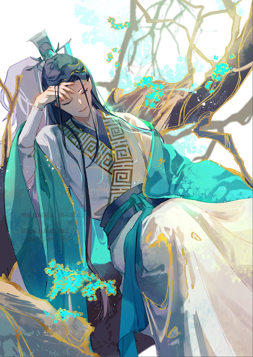 hanfu long hair chinese clothes closed eyes tree male focus sitting  illustration images