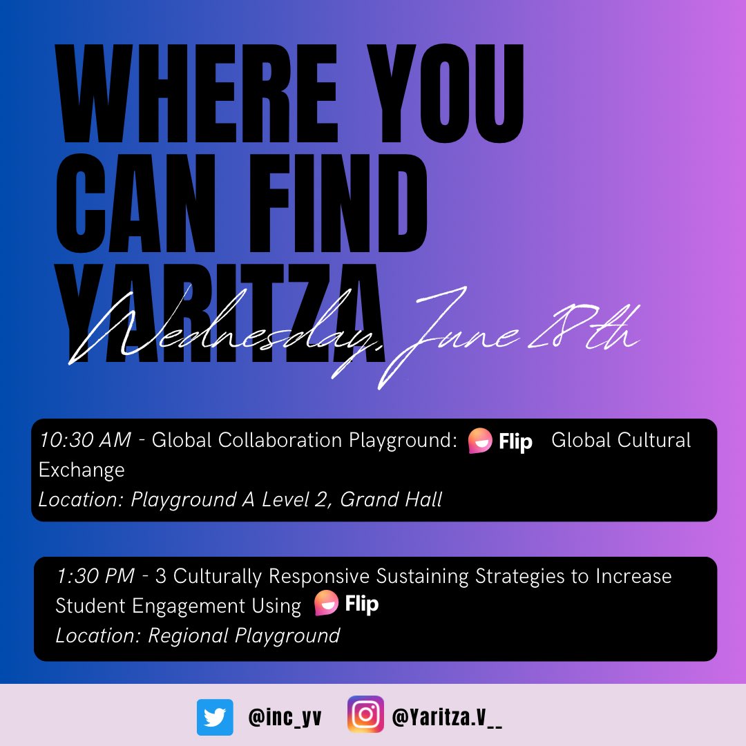 YaritzaV_'s tweet photo. Today I’ll be sharing the power of Global Collaboration & Lesson Planning with @MicrosoftFlip at @ISTEofficial 🎉
🌍10:30 AM- Flip GCE Playground Stage Presentation
🎤1:30 PM - 3 #CRSE Stratgies for using Flip
#ISTELive 23 #CRSE #DigEquity #Flipsider https://t.co/TWW0Qha6hM
