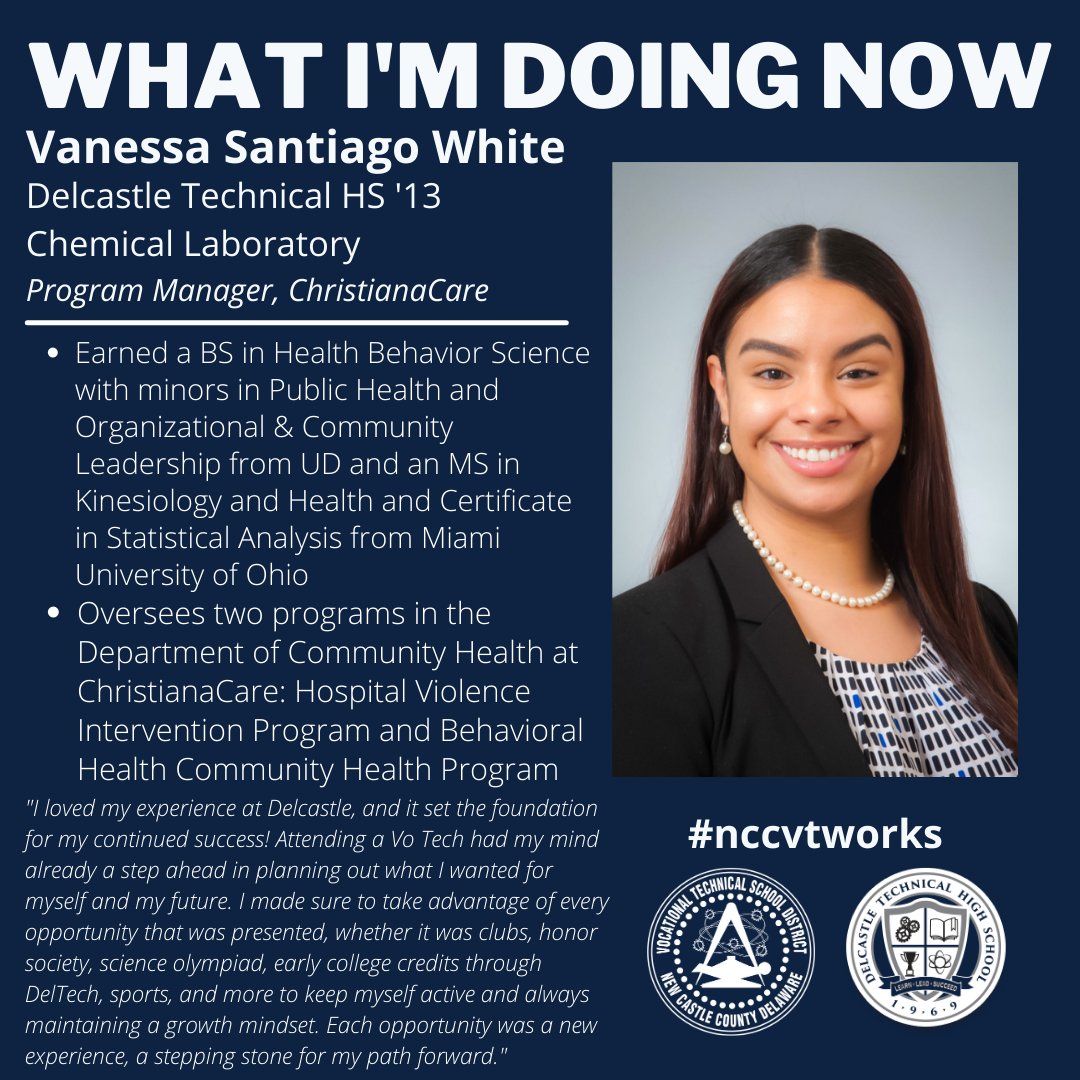 #WhereAreTheyNowWednesday
<a href="/delcastle_ths/">Delcastle Technical High School</a> 2013 valedictorian Vanessa White is a Program Manager @ChristianaCare, where she oversees 2 patient-centered pgms &amp; served as a community team lead during the peak of the COVID pandemic. Vanessa is a shining example of how #nccvtworks!