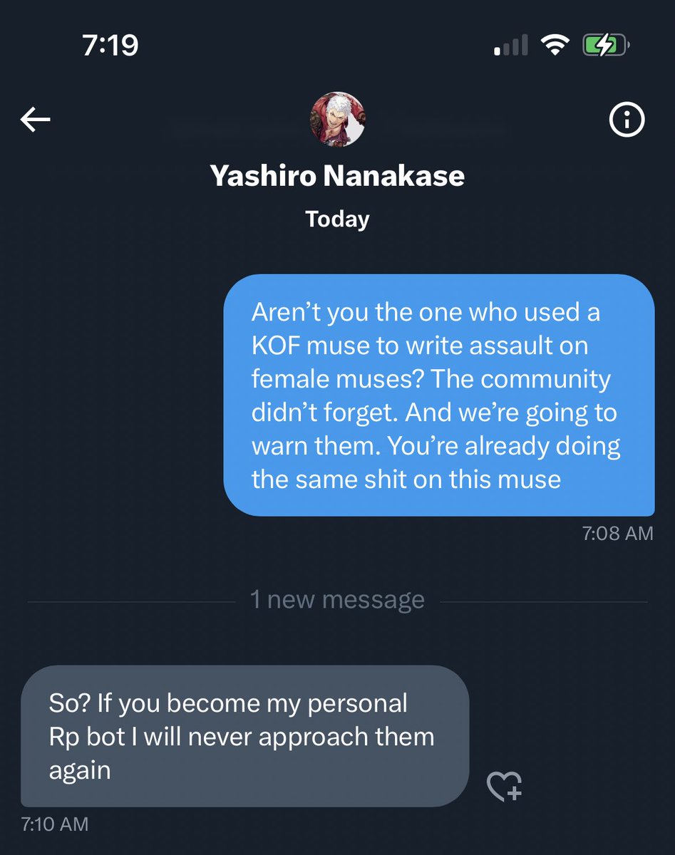 || Please be careful with that new Yashiro account @/CYS_Yn

They always try to assault female muses without writers consent. They did it on another account, they’re doing it here. I confronted them and they confirmed it. 

I don’t want anyone feeling violated by this guy