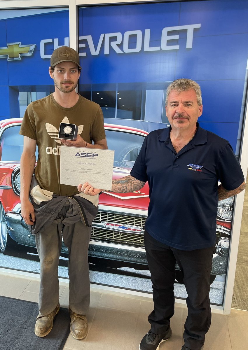 Cole Barnstable receives a watch & certificate from ASEP (General Motors Training) for finishing in the Top 2 spots in his graduating class. Cole also received his Red Seal Journeyman certificate earlier this year. Congrats Cole. #murrayfamily