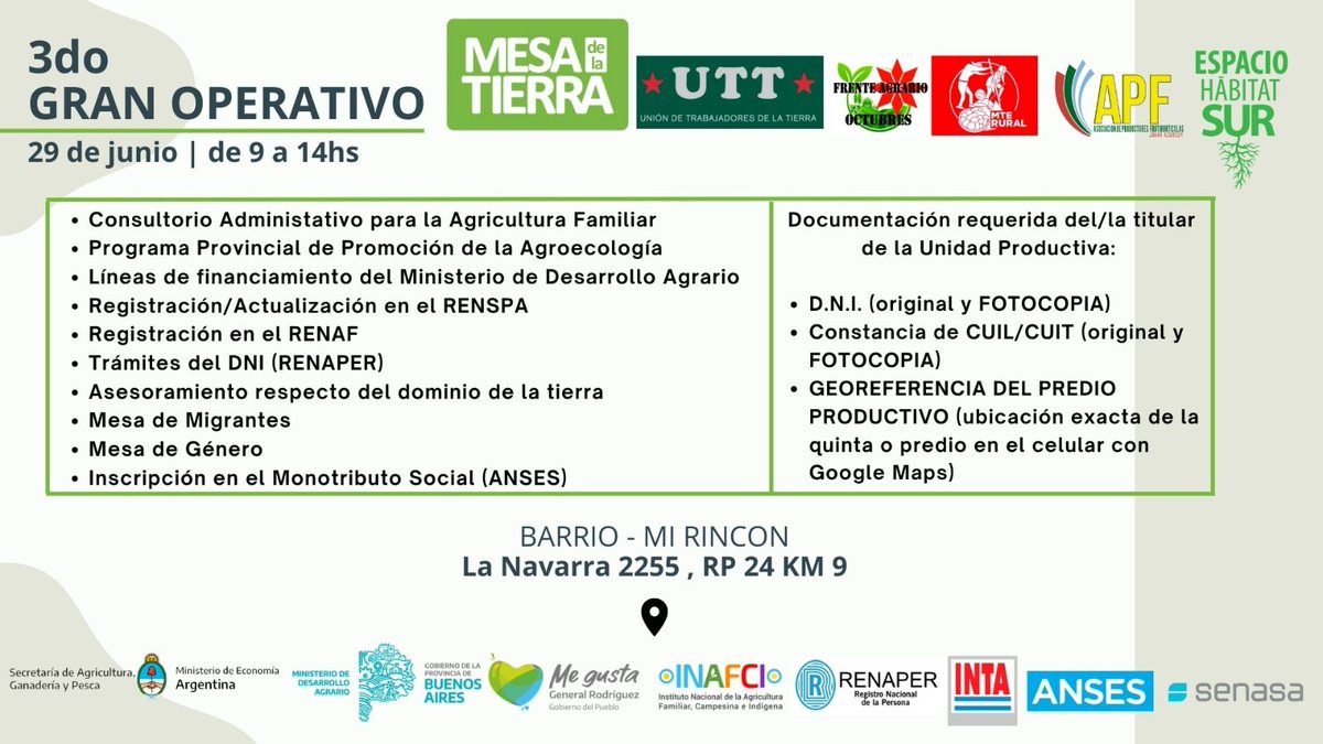 Safci10's tweet photo. GRAL. RODRÍGUEZ. Invitamos al 3er gran operativo de inscripción y asesoramiento para pequeños productores y productoras.
Te esperamos!
🗓 Jueves 29
🕘 de 9 a 14hs.
🏠 Barrio Mi Rincón.
Articulación interinstitucional.
#PrimeroLaGente https://t.co/dBpuUe8l60
