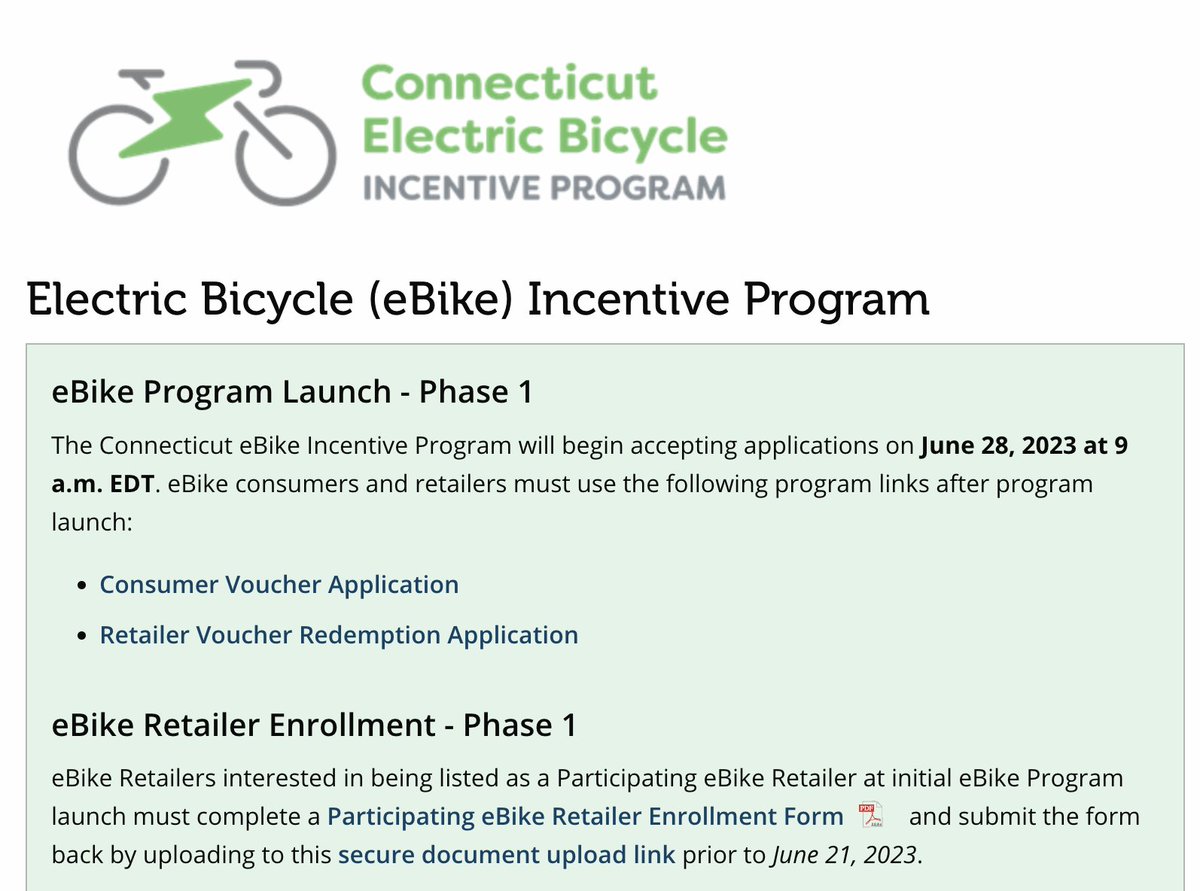 This morning Connecticut becomes the newest state to offer e-bike rebates:

🔹 All adult residents eligible for $500 off
🔹 Low-income residents can get an add'l $1,000 off
🔹 E-bikes must be safety-certified and have MSRP <$3k

portal.ct.gov/DEEP/Air/Mobil…