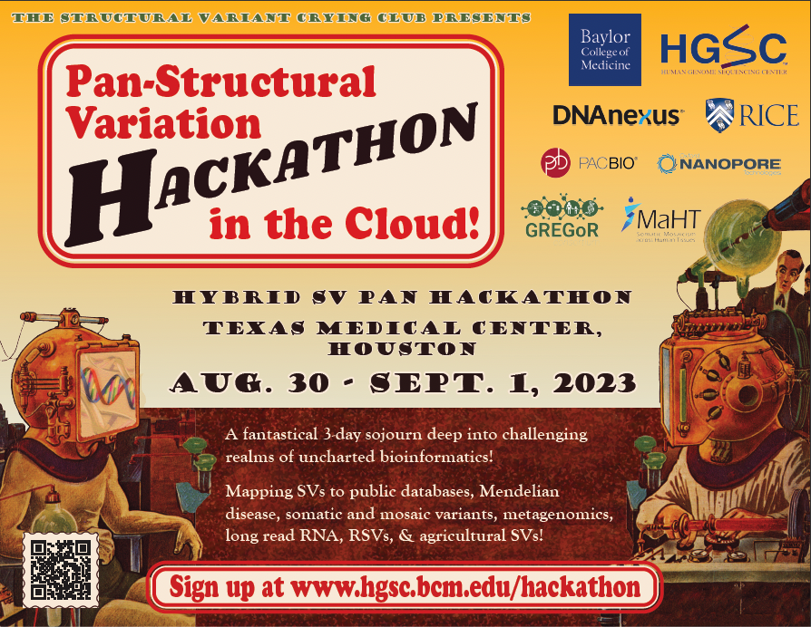 Pls RT: Places are filling up for our #Bioinformatics #Hackathon @BCM_HGSC (Aug 30-Sept 1). Come join us to work with us on new exciting projects across the 3 days (somatic variants, graph approach, RNA, SV etc). @dnanexus #openscience @RiceCompSci hgsc.bcm.edu/events/hackath…