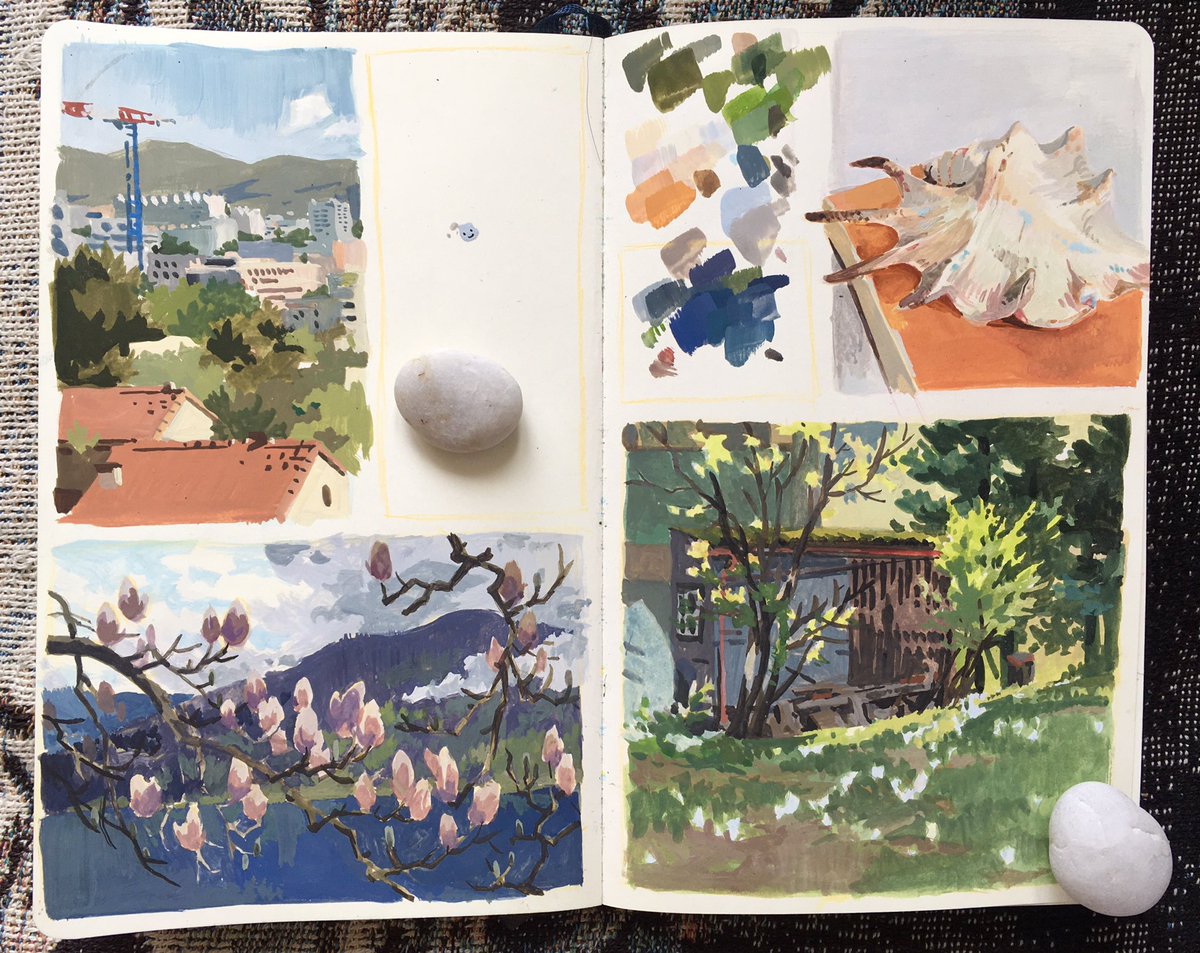 Thank you for all the love and feedback on the previous #Gouache  ! 🥰 Here is one more #sketchbook page from a few month ago ✨ 
🌻 #nopleinnogain #ArtistOnTwitter #spring #Austria #Marseille